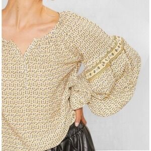 Max Studio Yellow Floral Geometric Balloon Sleeve Ruffle Blouse Womens Medium